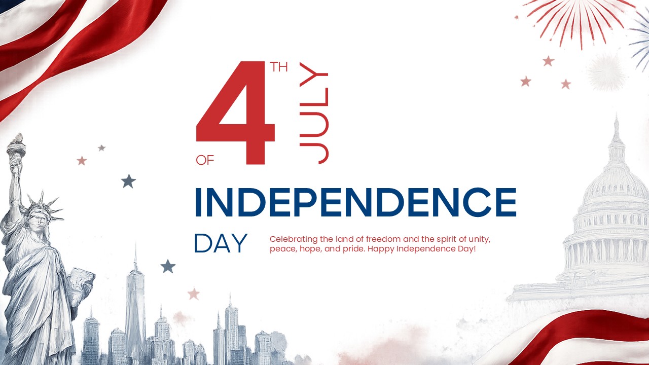 White background slide with 4th of July Independence Day text, Statue of Liberty sketch, and Capitol dome.
