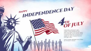 Artistic slide layout featuring the Statue of Liberty vector over a red and blue watercolor background.