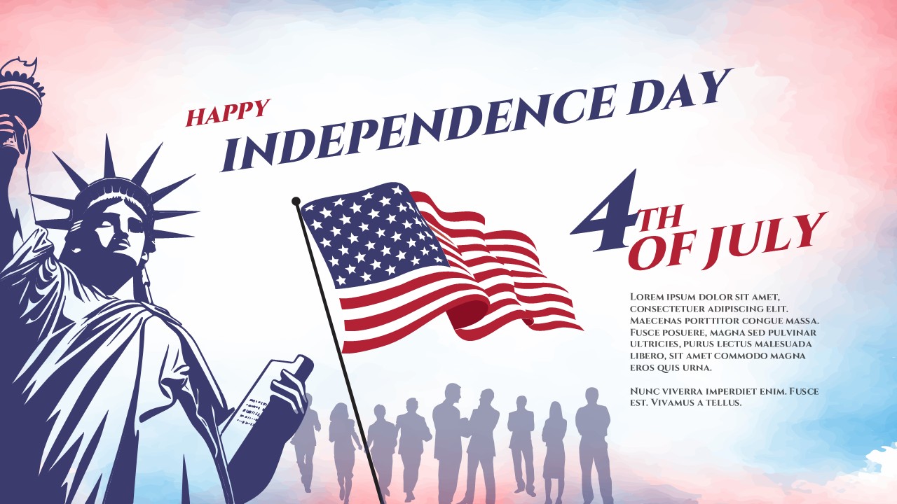 Artistic slide layout featuring the Statue of Liberty vector over a red and blue watercolor background.