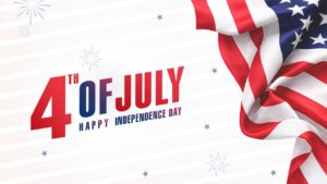 Crisp white presentation poster slide with a 3D waving American flag graphic in the top right.