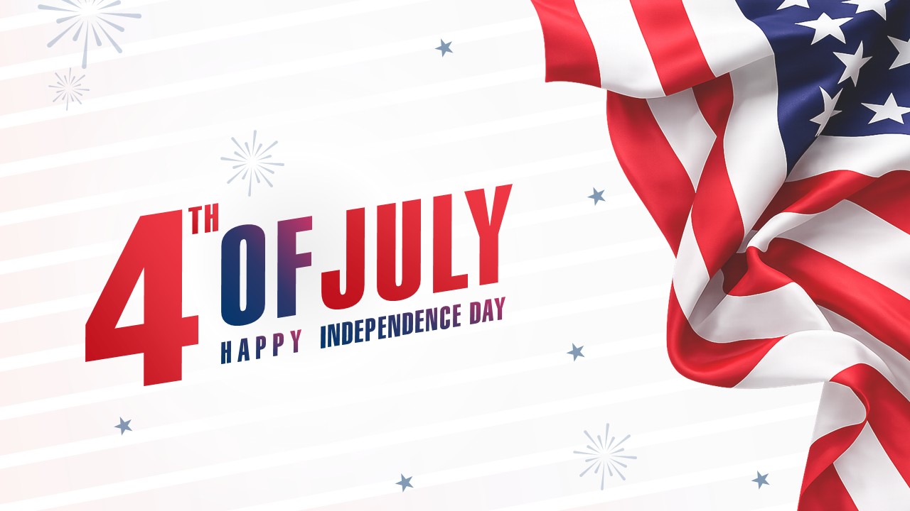 Crisp white presentation poster slide with a 3D waving American flag graphic in the top right.