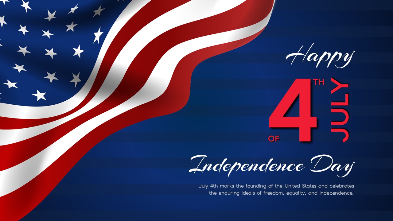 Deep blue striped background slide with a large photorealistic waving American flag on the left.