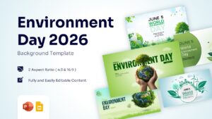 Preview of five eco-friendly World Environment Day background slides with 3D Earth and green landscapes