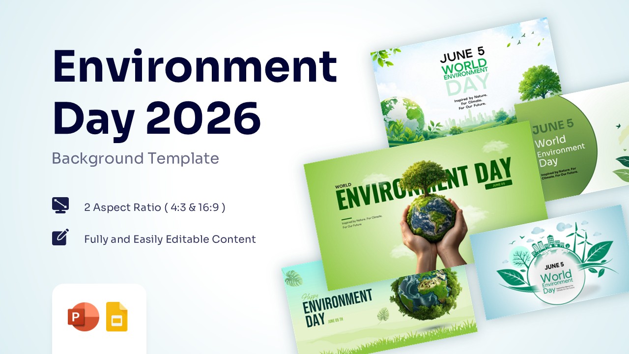 Preview of five eco-friendly World Environment Day background slides with 3D Earth and green landscapes