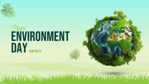 Floating 3D Earth covered entirely in lush green grass and trees with Monstera leaves floating nearby.