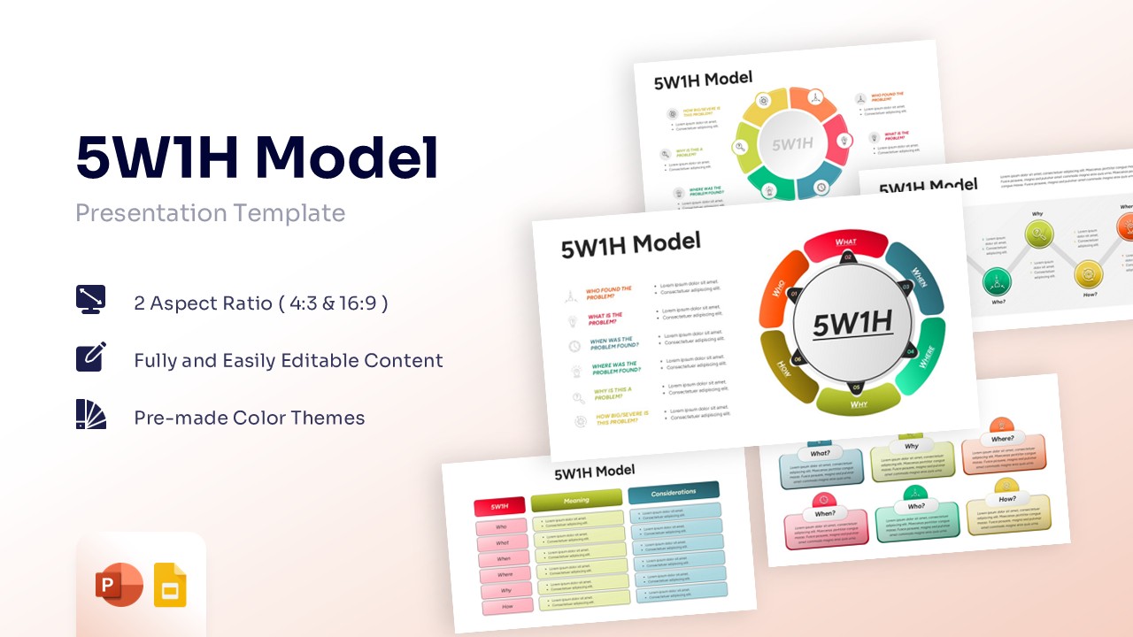 Overview of multiple 5W1H Framework PowerPoint Diagram slides featuring circular charts, matrices, and timelines.