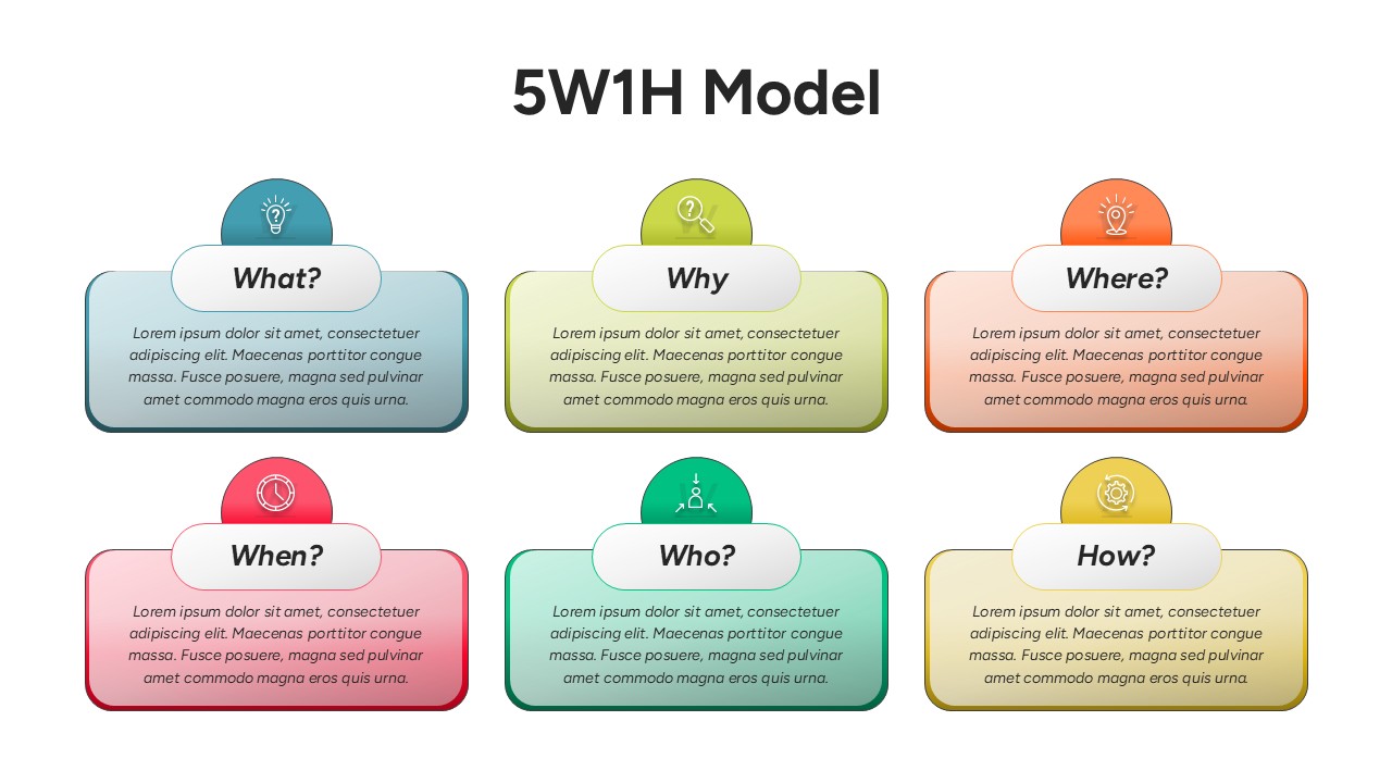 A 2x3 grid of colored boxes with icons representing the 5W1H Framework PowerPoint Diagram nodes.