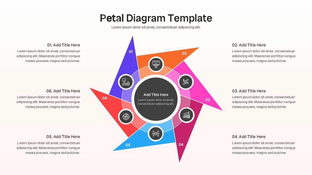 Colorful six step petal diagram with central circle and numbered sections for process presentation