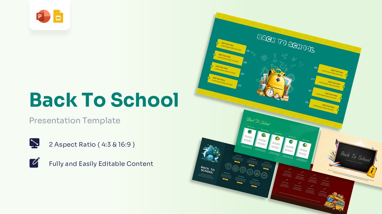 Back To School PowerPoint template featuring classroom education slides school activities and student presentations