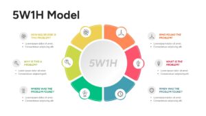 Circular segment chart featuring 6 symmetric colored blocks for a 5W1H Framework PowerPoint Diagram.