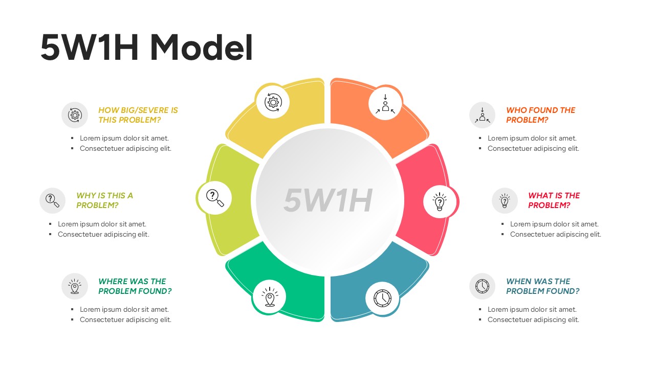 Circular segment chart featuring 6 symmetric colored blocks for a 5W1H Framework PowerPoint Diagram.