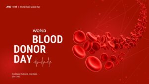 Deep red presentation slide with 3D red blood cells flowing across the layout.