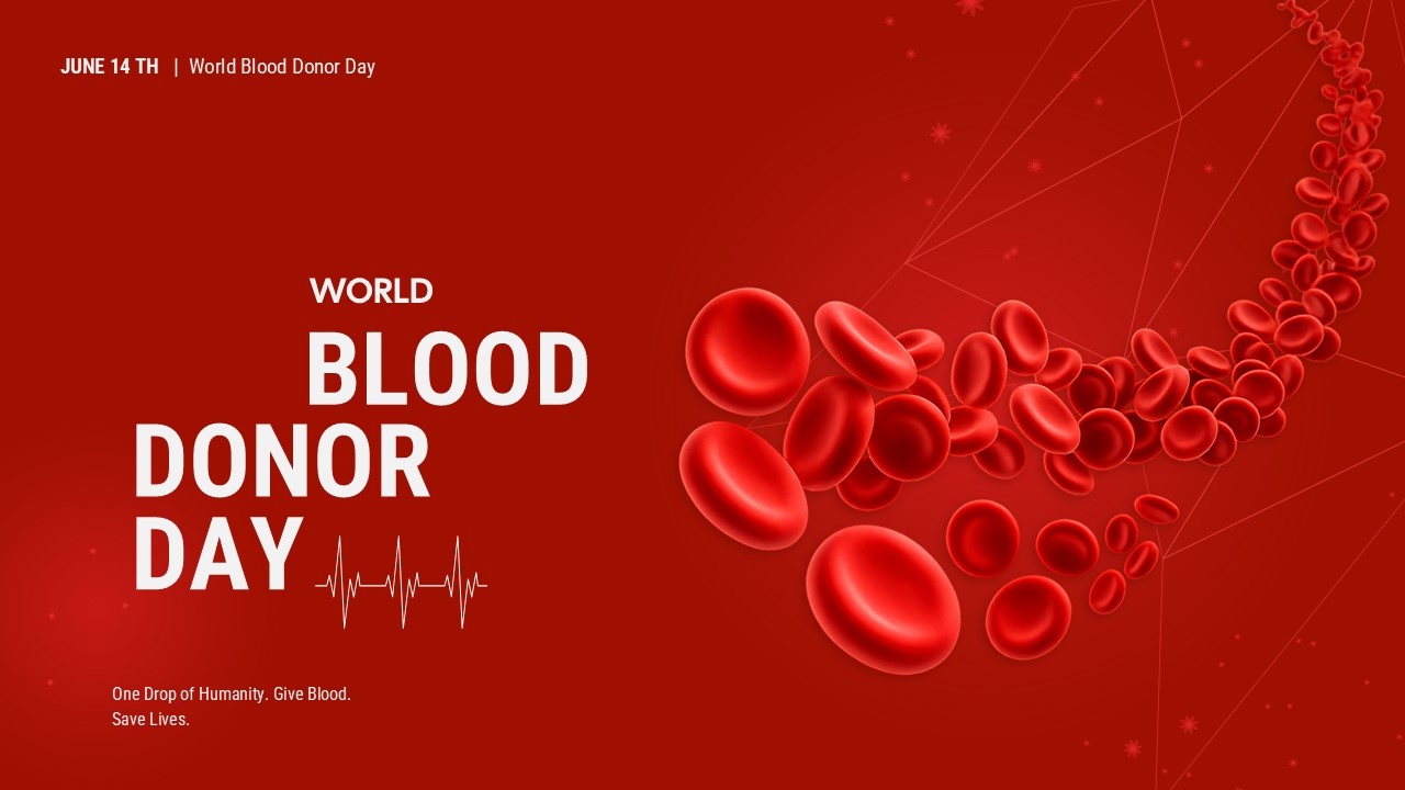 Deep red presentation slide with 3D red blood cells flowing across the layout.