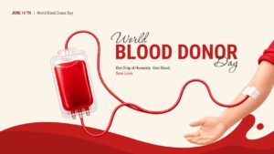 Cream colored presentation slide showing an arm receiving a blood donation from an IV bag.