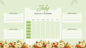 Green botanical monthly planner slide with calendar grid and multiple note sections
