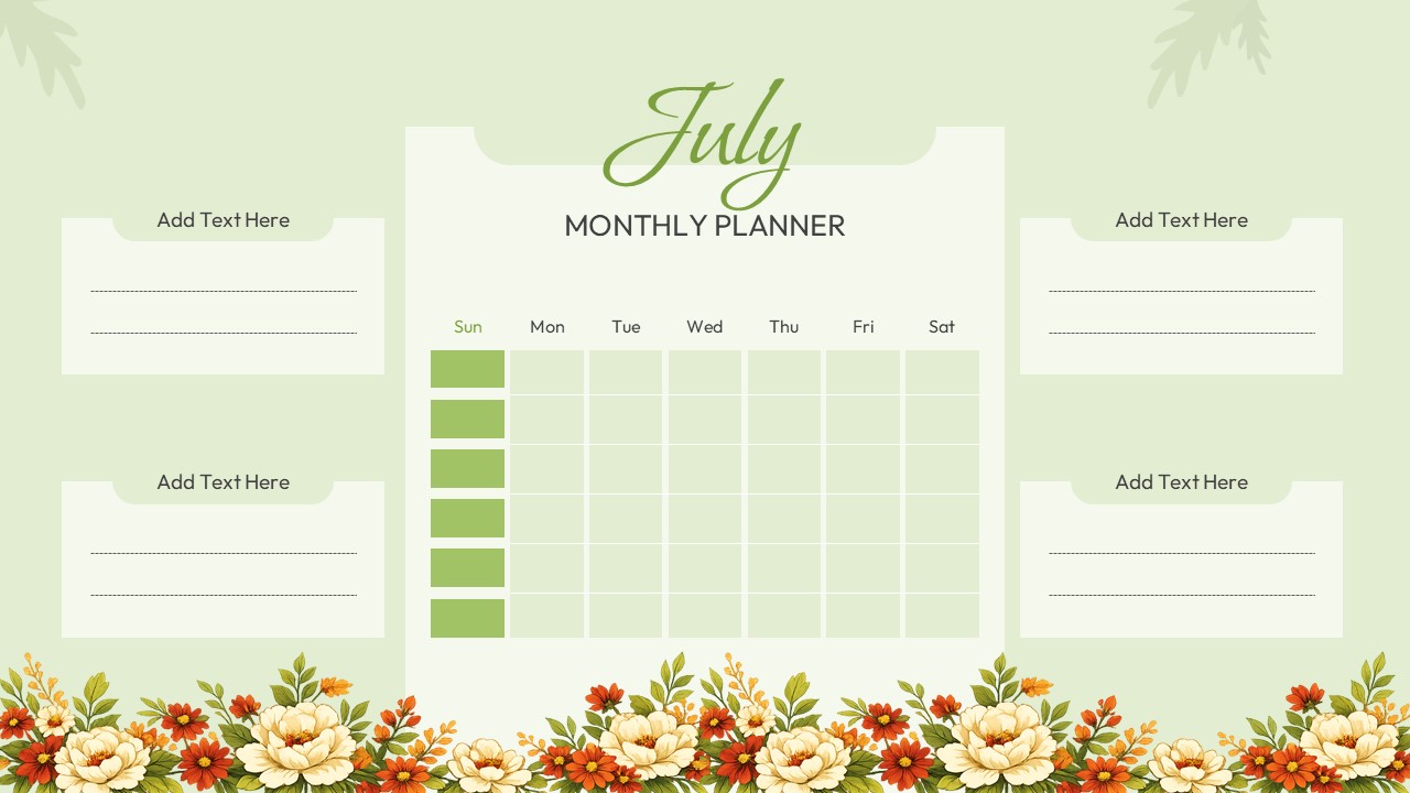 Green botanical monthly planner slide with calendar grid and multiple note sections