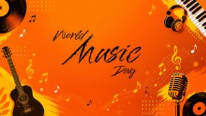 Vibrant orange presentation layout featuring a guitar, retro microphone, vinyl records, and piano keys.