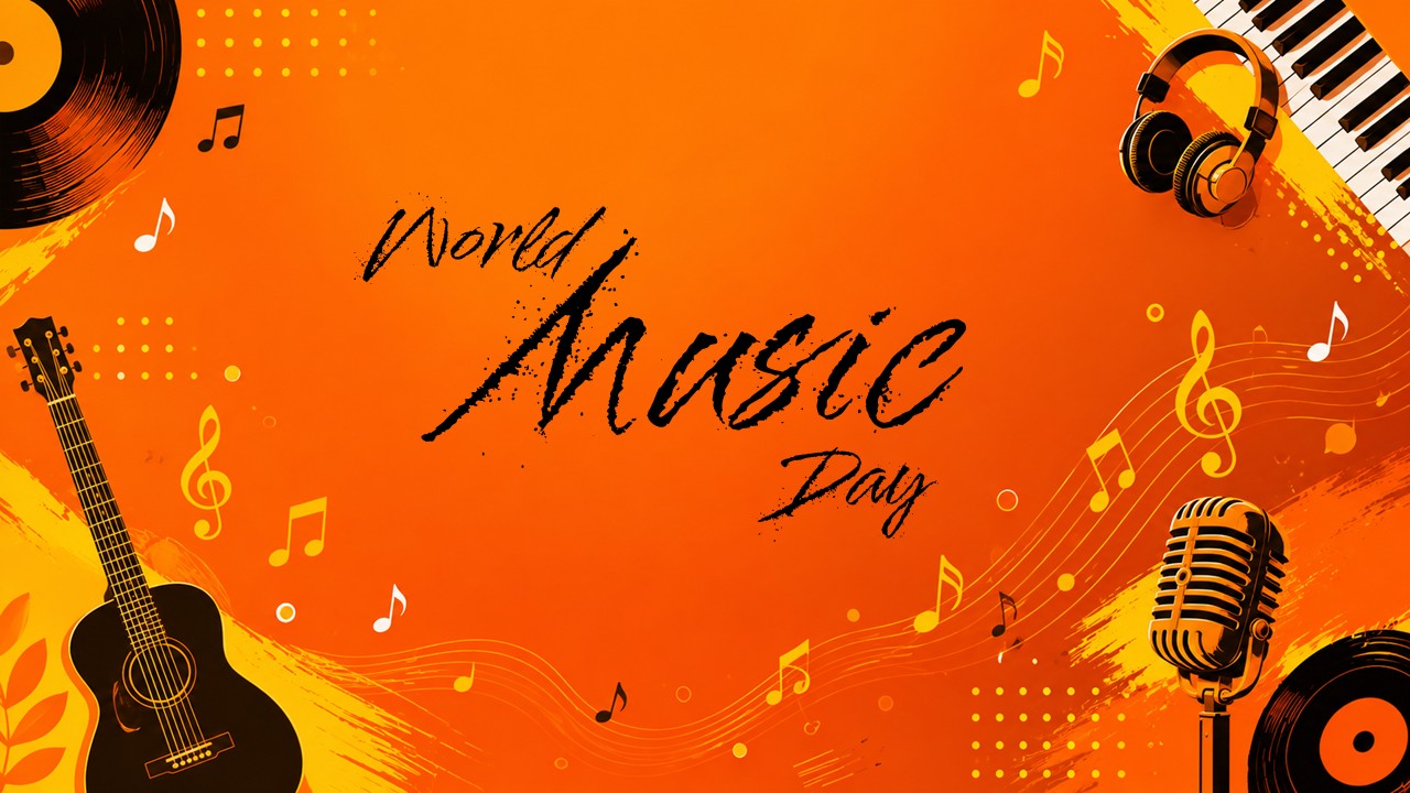 Vibrant orange presentation layout featuring a guitar, retro microphone, vinyl records, and piano keys.