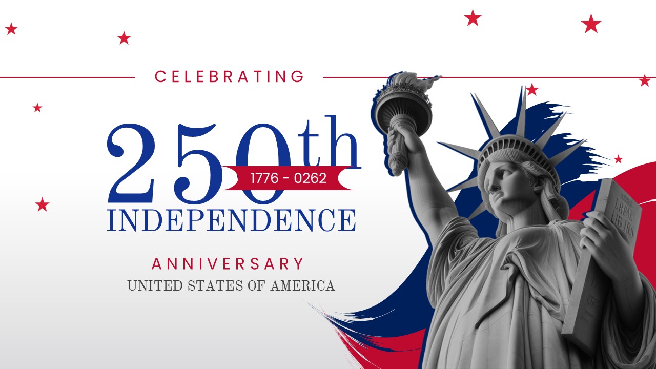 Celebrating 250th independence anniversary slide with high-resolution Statue of Liberty.