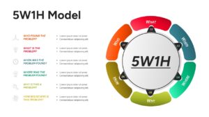 Circular 5W1H Framework PowerPoint Diagram with 6 multi-colored outer segments and a numbered list on the left.