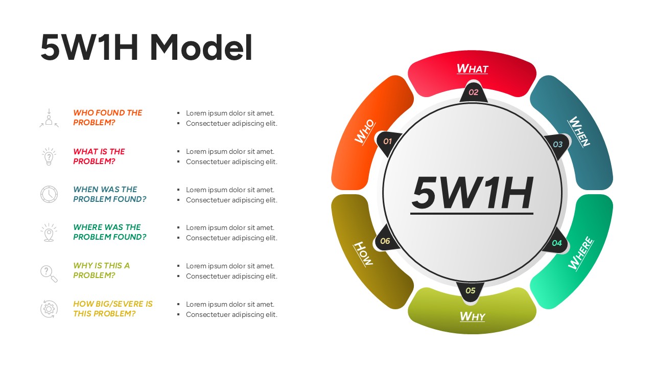 Circular 5W1H Framework PowerPoint Diagram with 6 multi-colored outer segments and a numbered list on the left.