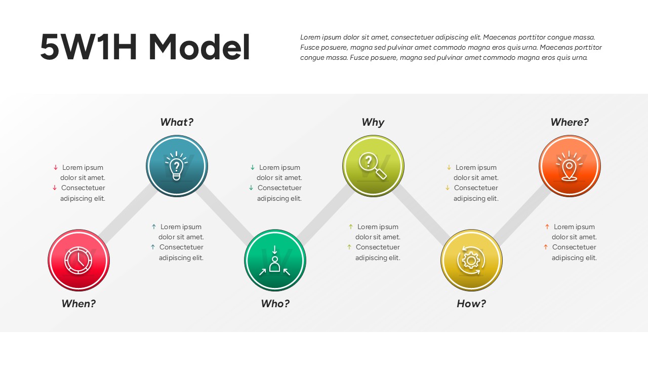 Zig-zag line chart timeline representing a 5W1H Framework PowerPoint Diagram with alternate circular nodes.