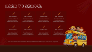 classroom information grid with school bus illustration and educational content sections