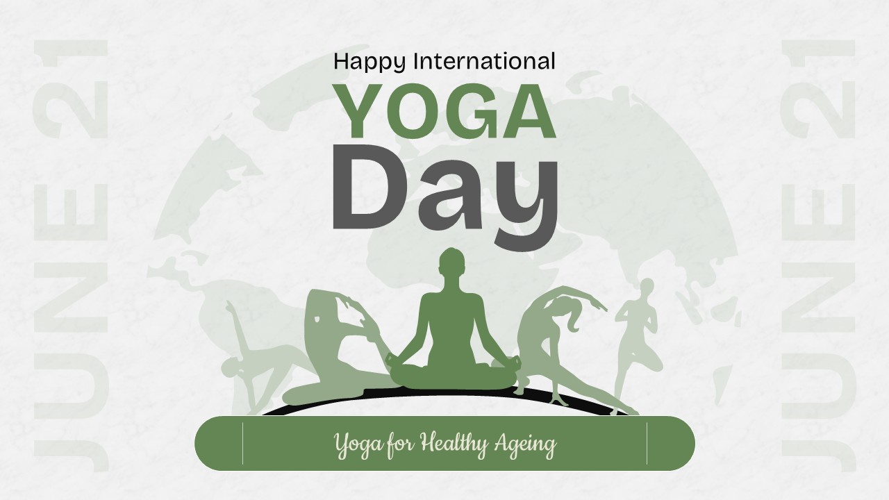A light grey textured background slide featuring green yoga silhouettes and a faded global map.