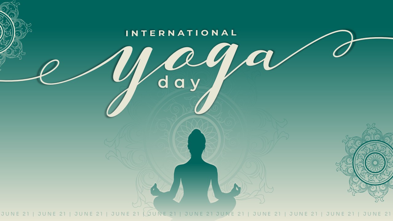 Silhouette of a person meditating in a lotus pose against a dark teal green gradient background with mandalas.