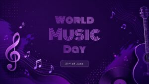 Deep purple presentation layout featuring a guitar silhouette, vinyl record, and treble clef vector.