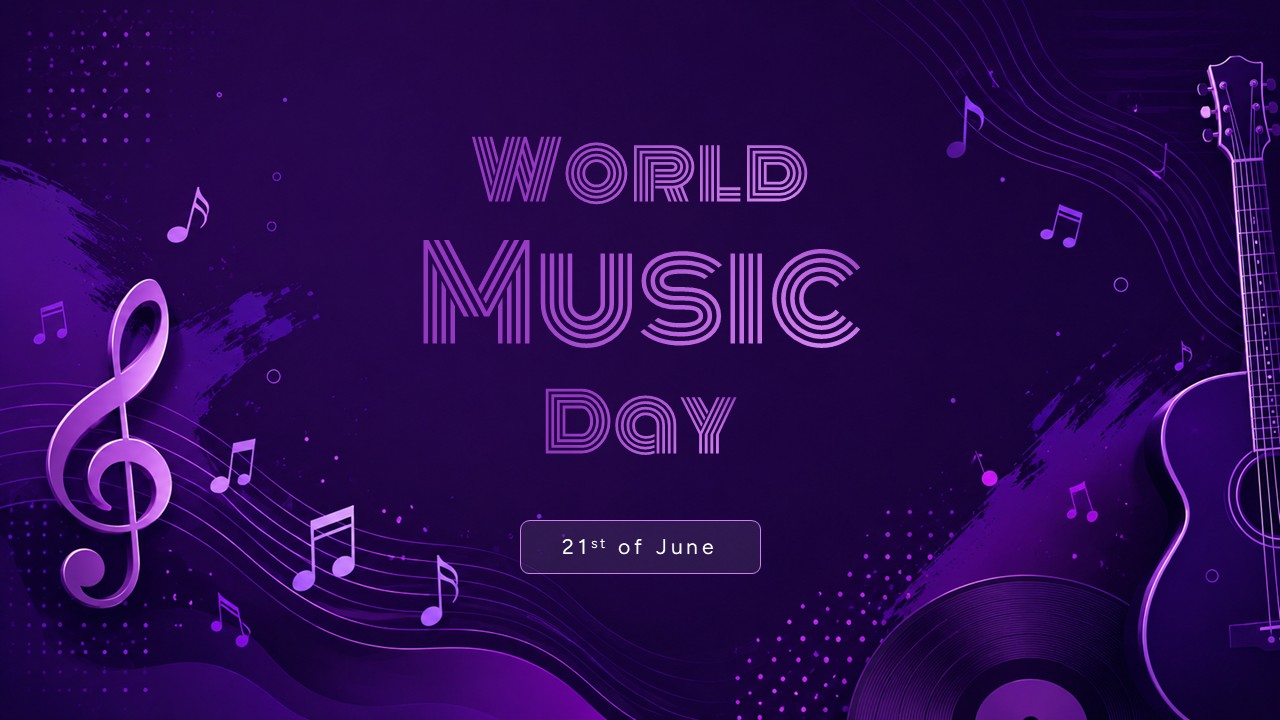 Deep purple presentation layout featuring a guitar silhouette, vinyl record, and treble clef vector.