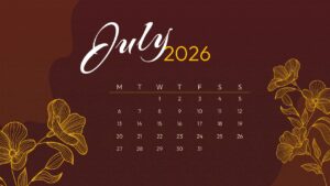 Elegant July 2026 calendar design with floral artwork, dark background, and monthly planning layout
