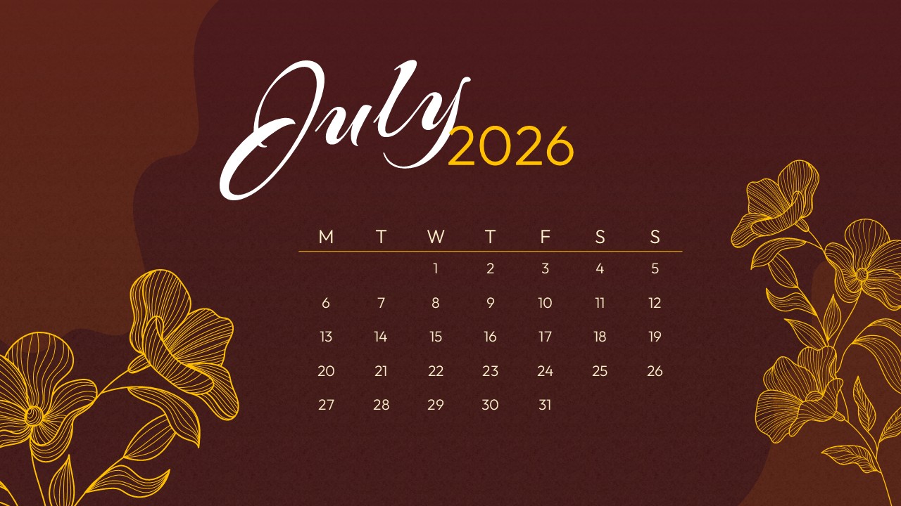 Elegant July 2026 calendar design with floral artwork, dark background, and monthly planning layout