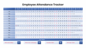 Employee attendance calendar displaying monthly attendance schedules, holidays, work-from-home days, vacation records, and sick leave tracking.
