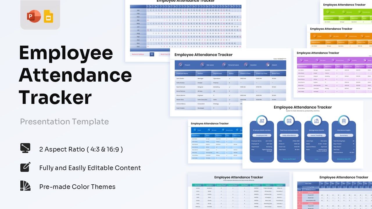 Employee Attendance Tracker Template presentation featuring attendance dashboards, leave tracking reports, employee attendance sheets, and workforce management slides.
