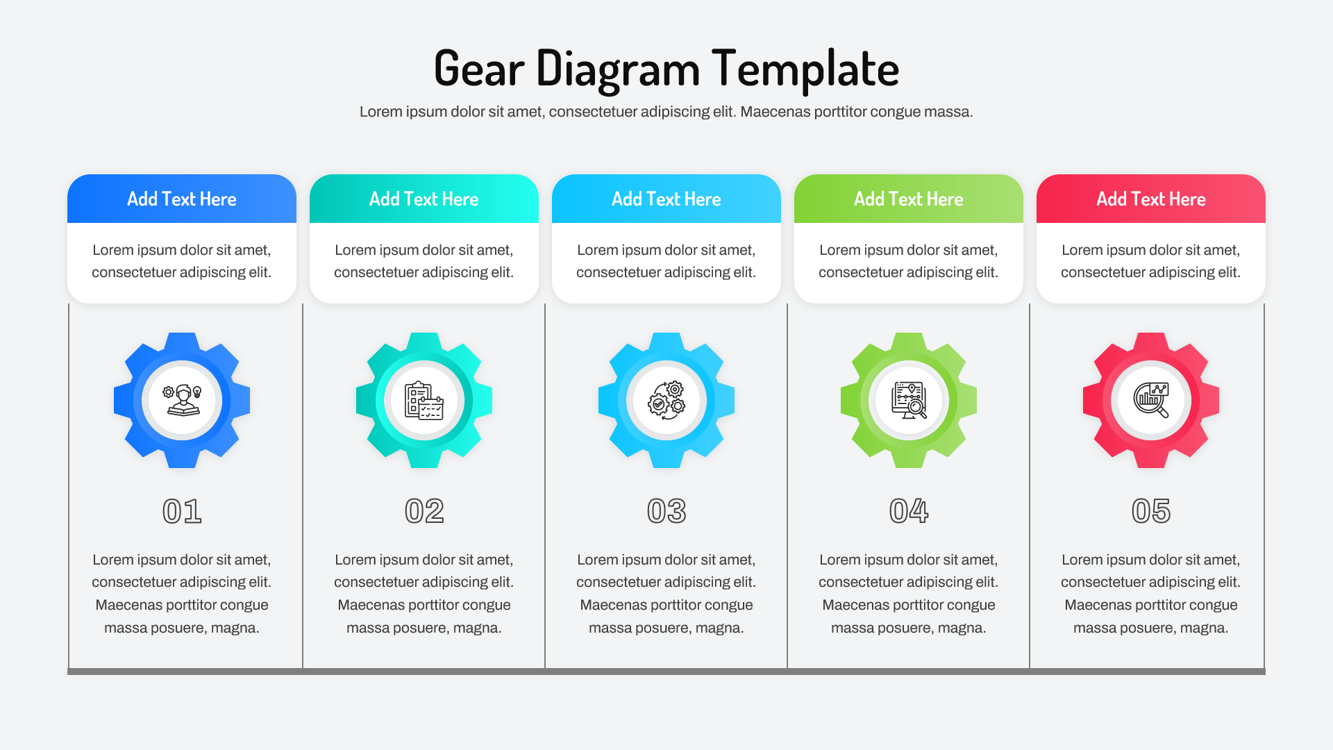 Five-step gear process diagram with interconnected workflow stages and business functions