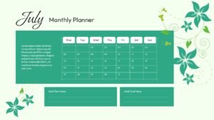 Green floral July Monthly Planner calendar slide with editable schedule grid and notes