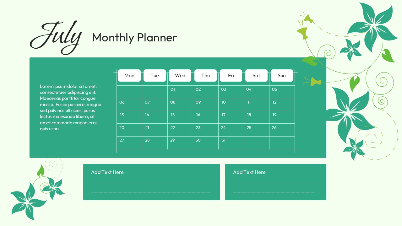 Green floral July Monthly Planner calendar slide with editable schedule grid and notes