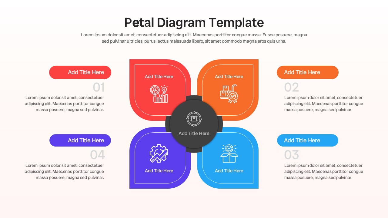 Four petal infographic diagram with central circle and four colorful process sections
