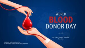 Dark blue presentation slide showcasing a red blood drop passed between two hands.
