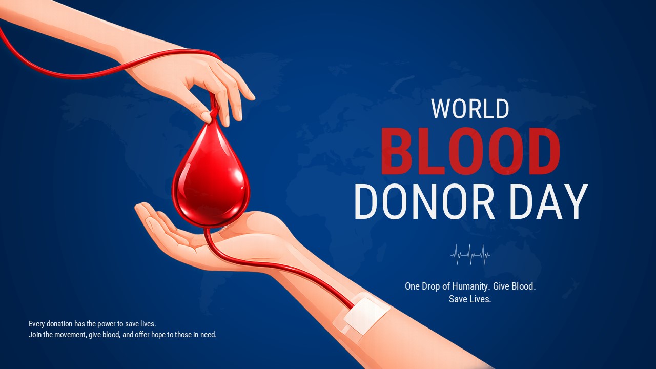 Dark blue presentation slide showcasing a red blood drop passed between two hands.