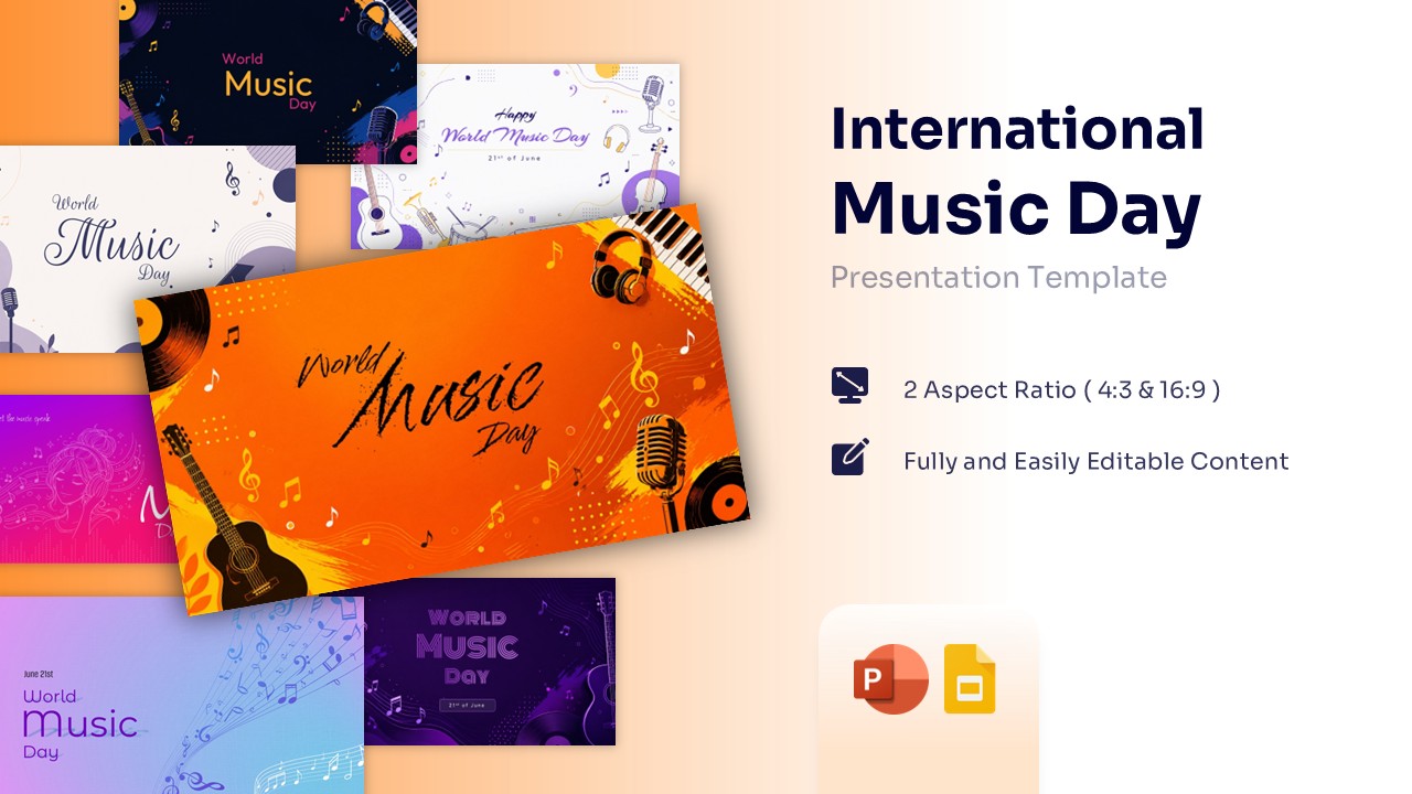 Overview collage of colorful World Music Day presentation slides.