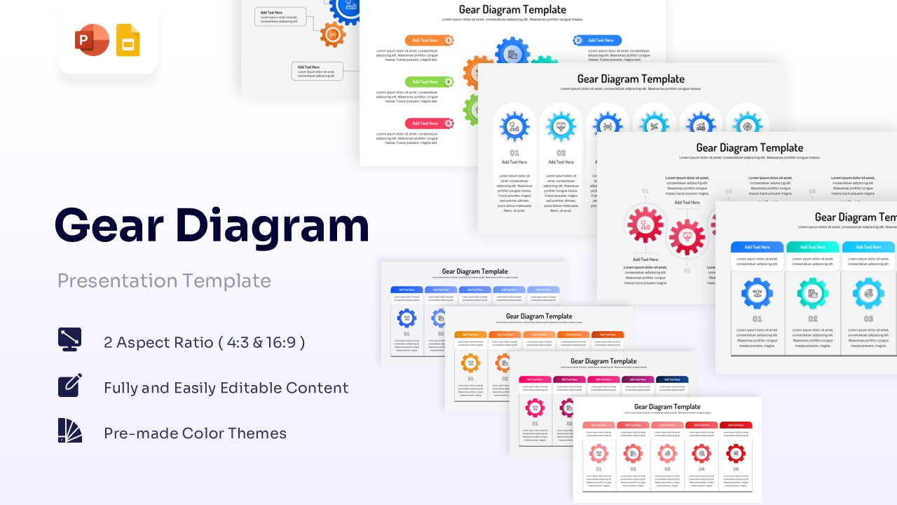 Gear diagram template presentation featuring editable process and workflow infographic slides