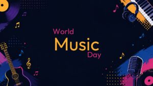 Dark background presentation slide with bright neon paint strokes, guitar, piano keys, and headphones.