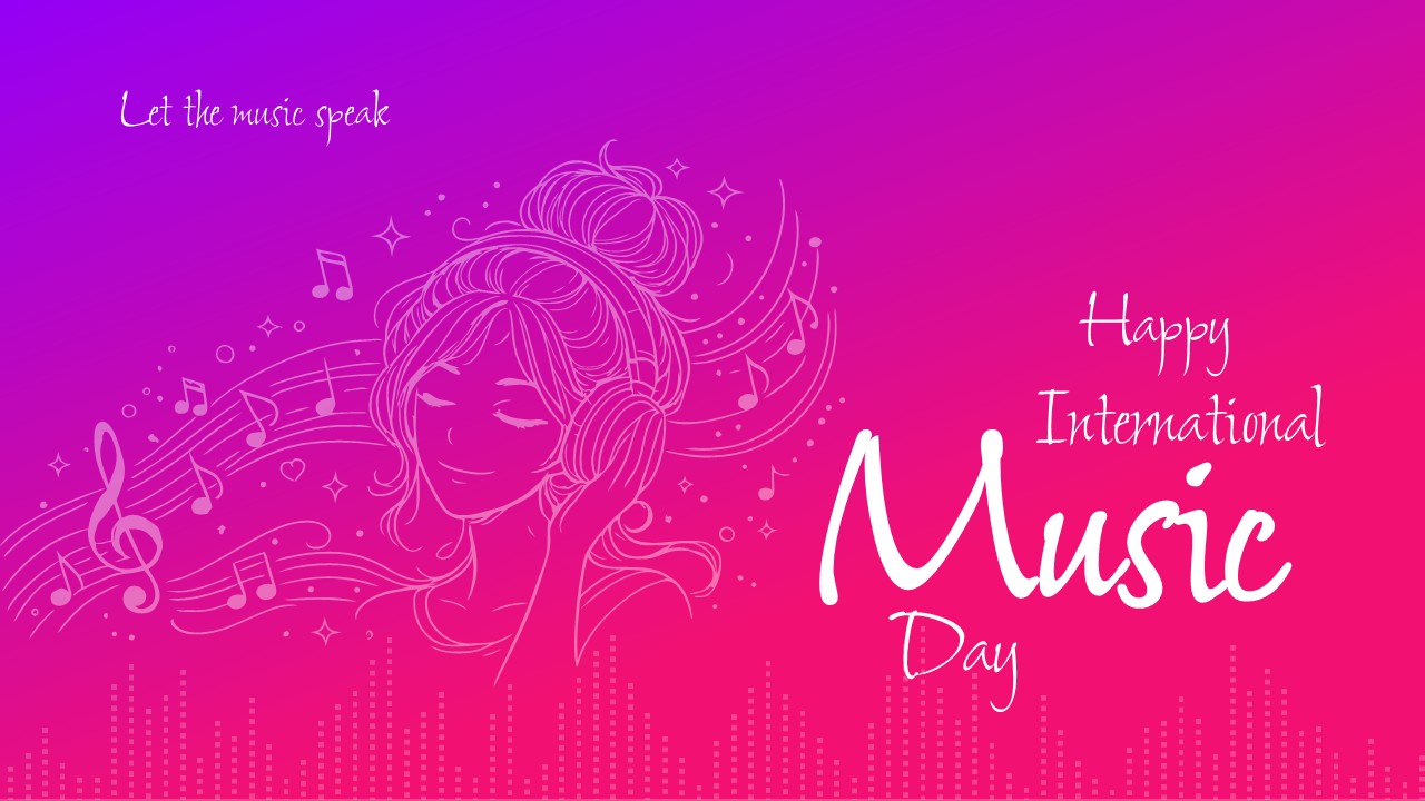 Pink and purple gradient slide showing a line art sketch of a girl wearing headphones with music notes.