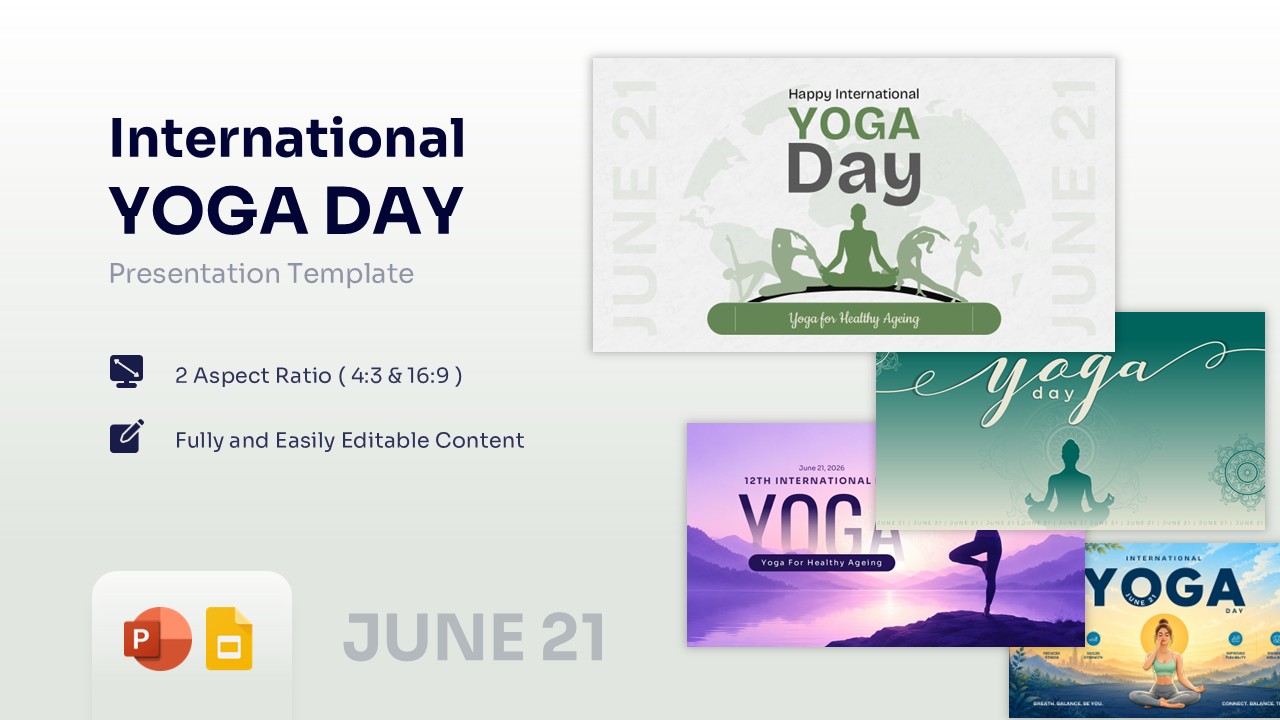 A professional collage showing four different presentation layouts for the International Day of Yoga theme.
