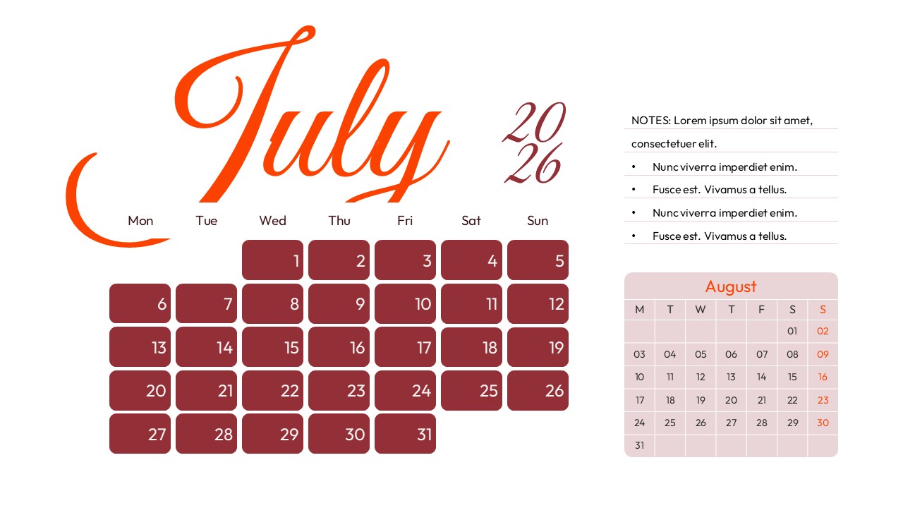 July 2026 calendar slide with monthly grid, notes section, and preview of upcoming month schedule