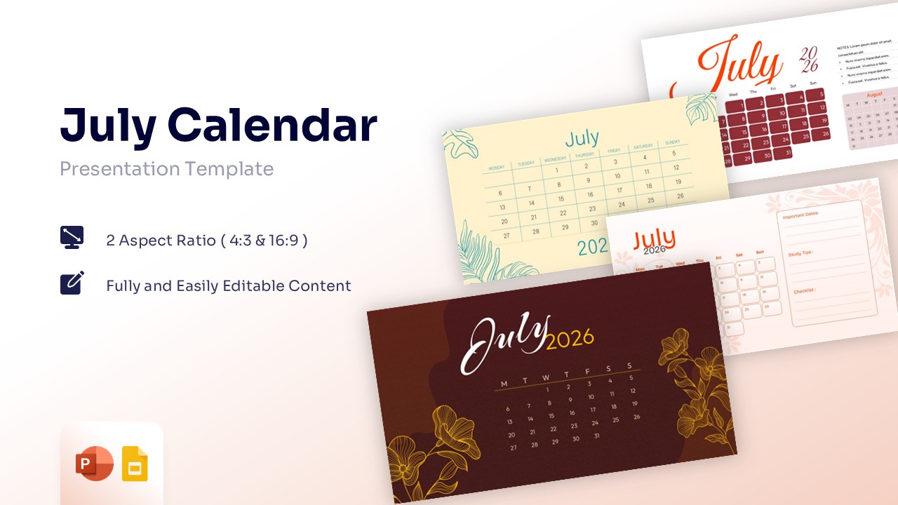 July Calendar Template cover slide featuring multiple editable monthly calendar layouts and planner designs