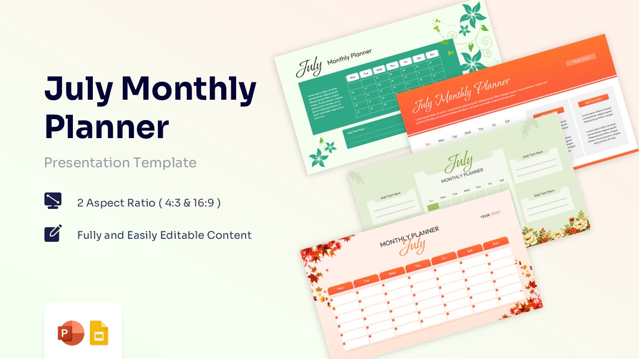 July Monthly Planner PowerPoint cover showing multiple editable calendar and schedule layouts