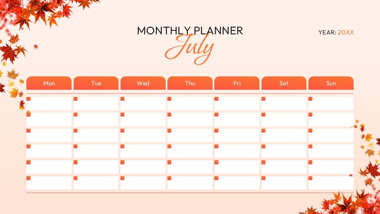July monthly planner with weekly columns, editable schedule boxes, and seasonal design